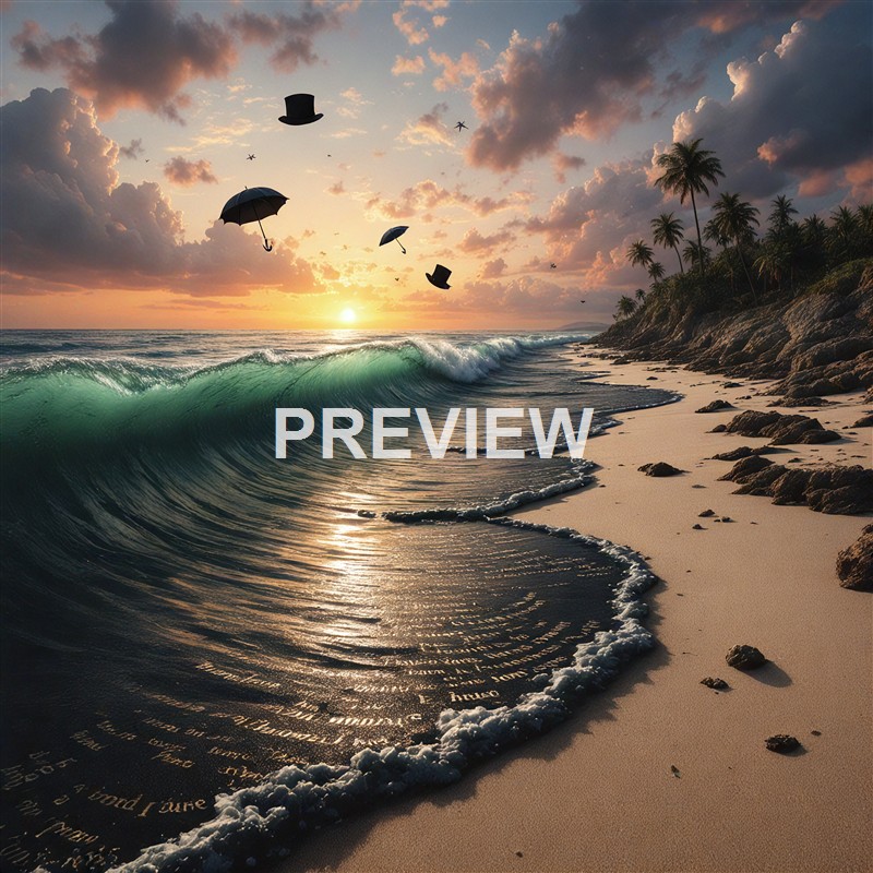 The image depicts a beach scene at sunset with a wave approaching the shore, and surreal elements such as floating umbrellas and top hats in the sky, along with a line of palm trees on a rocky coastline.